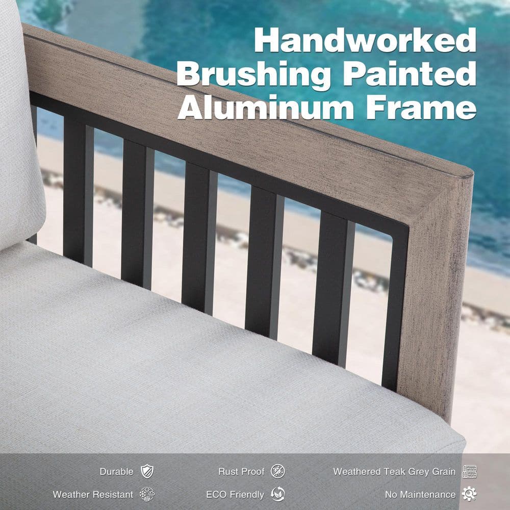Close-up of the gray aluminum frame with black slats and white cushion.