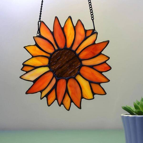 Orange Sun Flower Stained Glass Art Glass Window HD8BFM8DCV - The