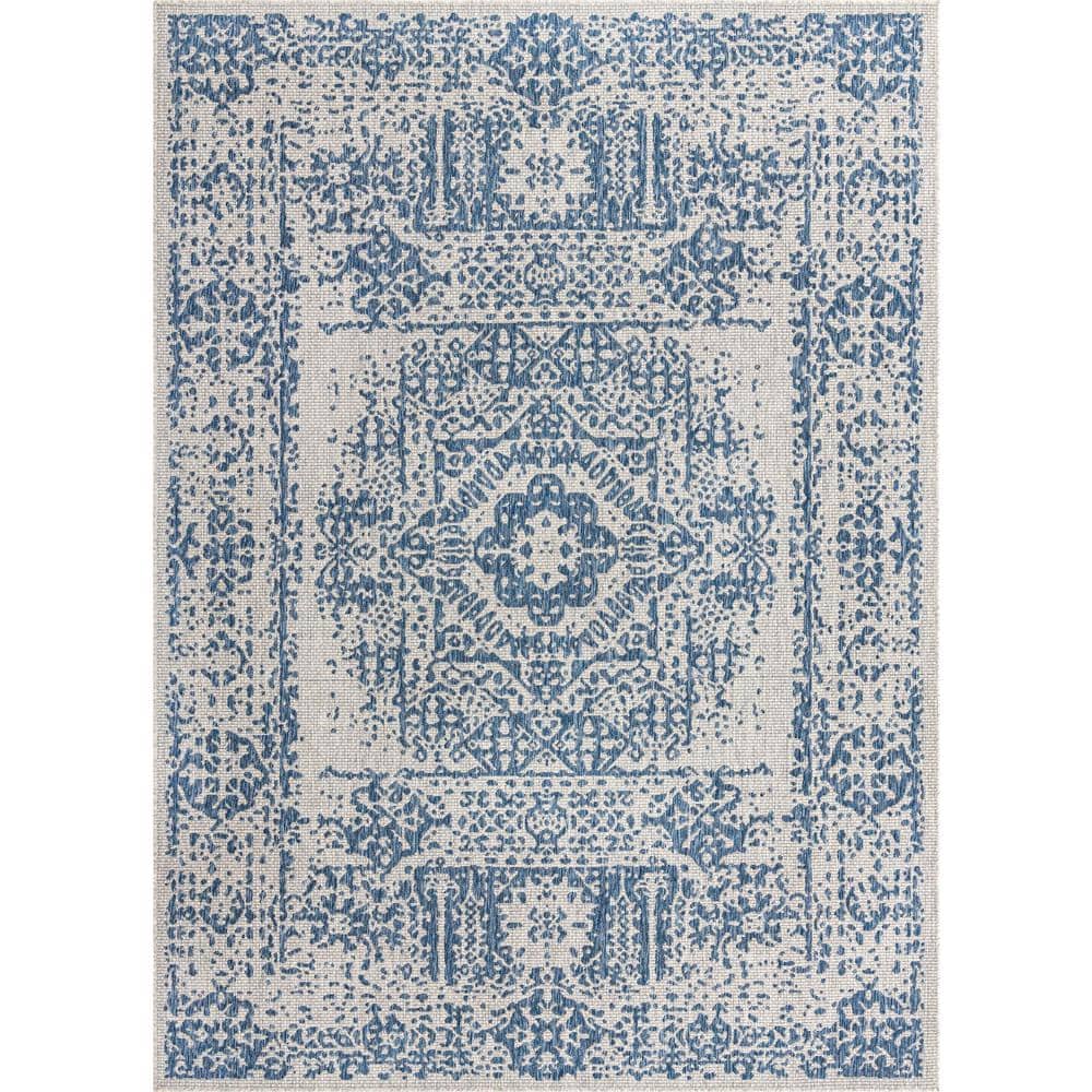 Blue Rectangular Stain-Resistant Outdoor Rug