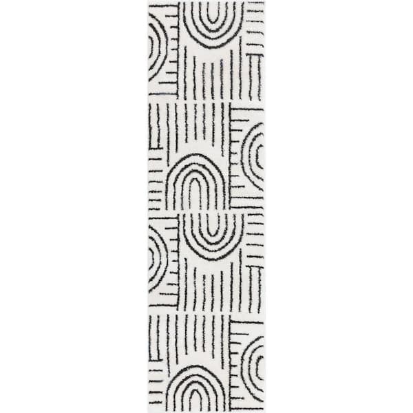 Ivory Black 2 ft. x 7 ft. 3 in. Runner Feliz Boho Rainbow Modern Geometric Shag Area Rug