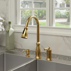 3-Spray Patterns Single Handle 1.8 GPM Pull Down Sprayer Kitchen Faucet with Soap Dispenser in Brushed Gold