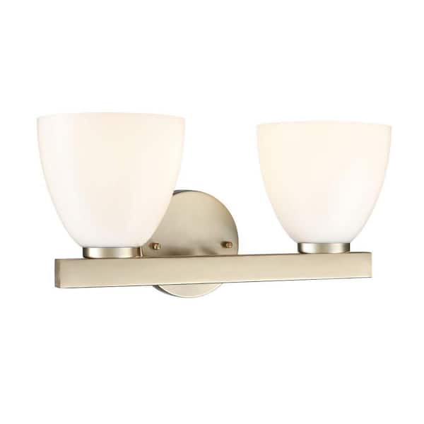 Apria 15.75 in. 2-Light Modern Gold Vanity Light with Opal Glass Shades