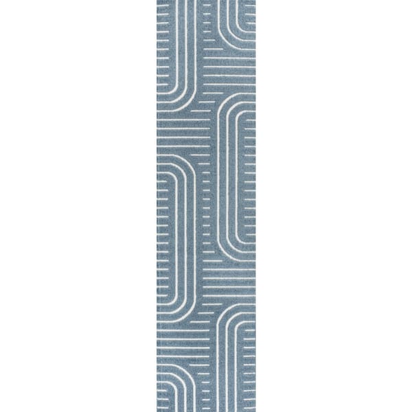 Anders High-Low MidCentury Modern Arch Stripe 2-Tone Navy/Cream 2 ft. x 8 ft. Indoor/Outdoor Runner Rug