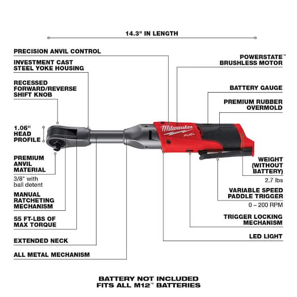 Milwaukee M12 FUEL 12V 3/8 in. Lithium-Ion Brushless Cordless Extended Reach  Ratchet (Tool-Only) 2560-20 - The Home Depot