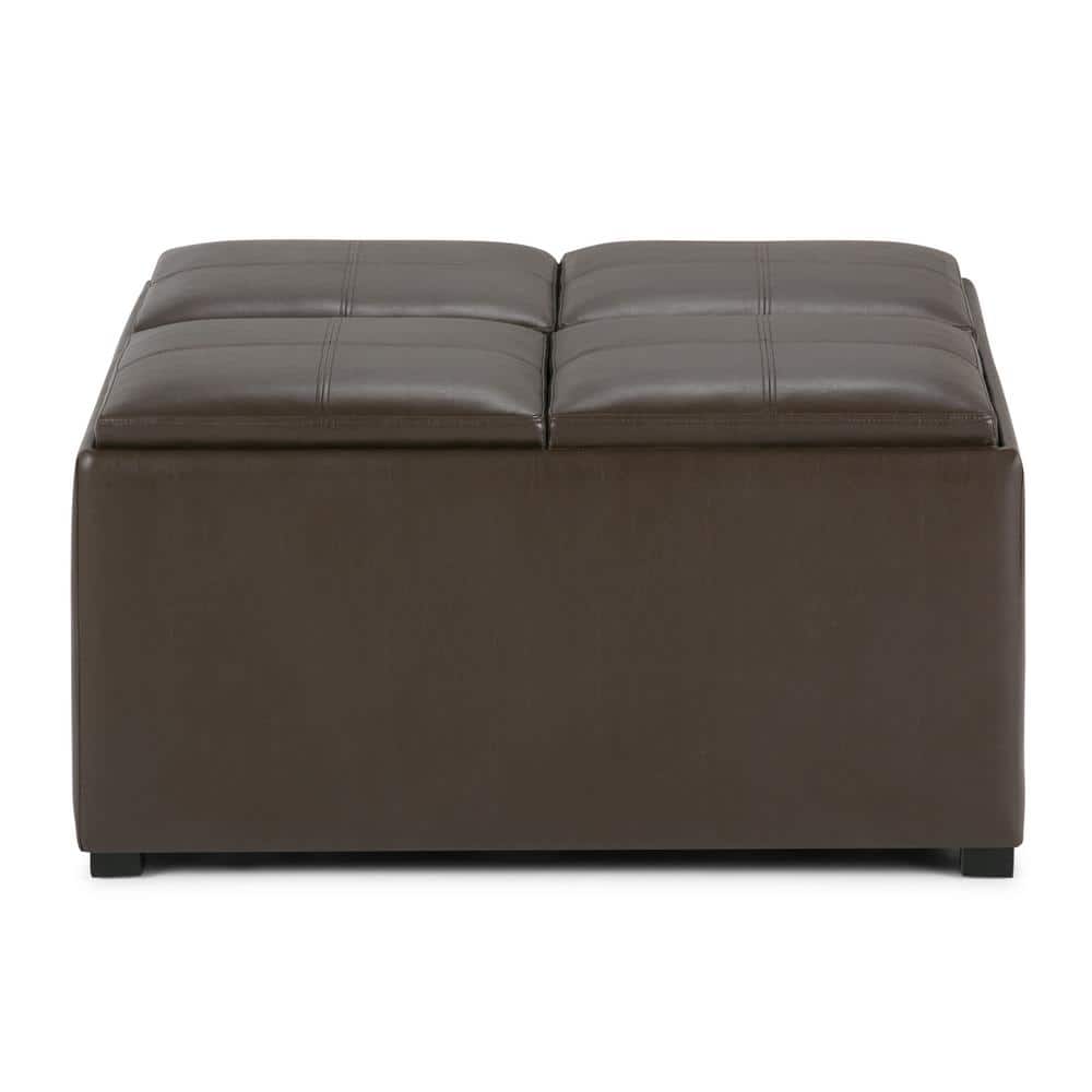 Chocolate Brown Tufted Faux Leather Storage Ottoman with Trays