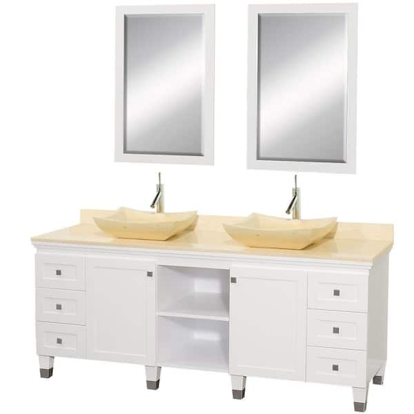 Wyndham Collection Premiere 72 in. Vanity in White with Marble Vanity Top in Ivory with Ivory Sinks and Mirrors