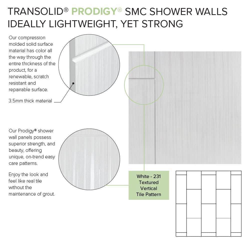 Prodigy 72" High x 60" Wide White Tile Shower Wall Panels