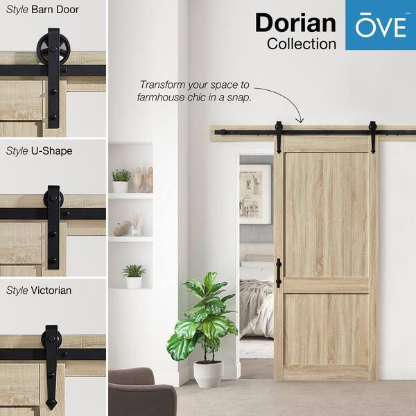 Ove Decors Dorian Sliding Barn Door Soft Close French Oak Wood Black Finish Hardware Kit Included 36in X 84in, Oak Sliding Barn Door