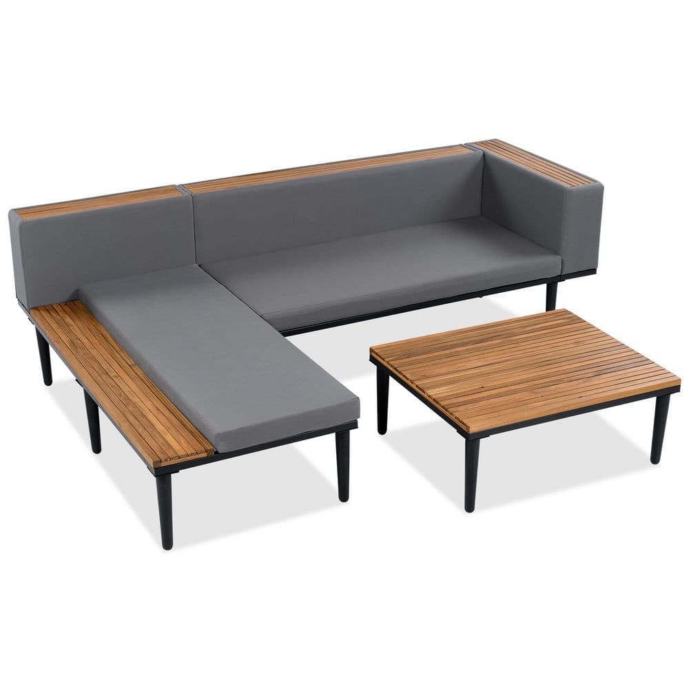 YOUFUNIQUE Black Metal Outdoor Sectional Set with Gray Cushions, L ...