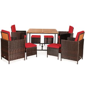 9-Piece Wood Square 29.5" Outdoor Dining Set Conversation Furniture with Red Removable Cushions