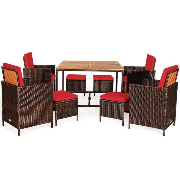 HONEY JOY 9-Piece Wood Square 29.5" Outdoor Dining Set Conversation Furniture with Red Removable Cushions
