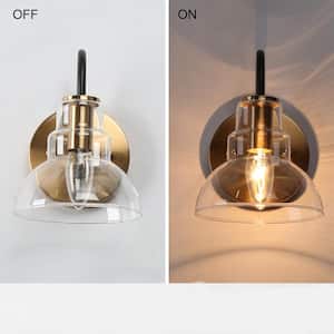 1-Light Brass-Plated Indoor Wall Sconce Lighting, Modern Farmhouse Wall Light Fixtures, Clear Glass Black Vanity Light