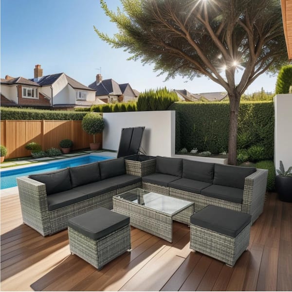 Harper & Bright Designs 8-Piece Gray Wicker Outdoor Patio Sectional Set ...