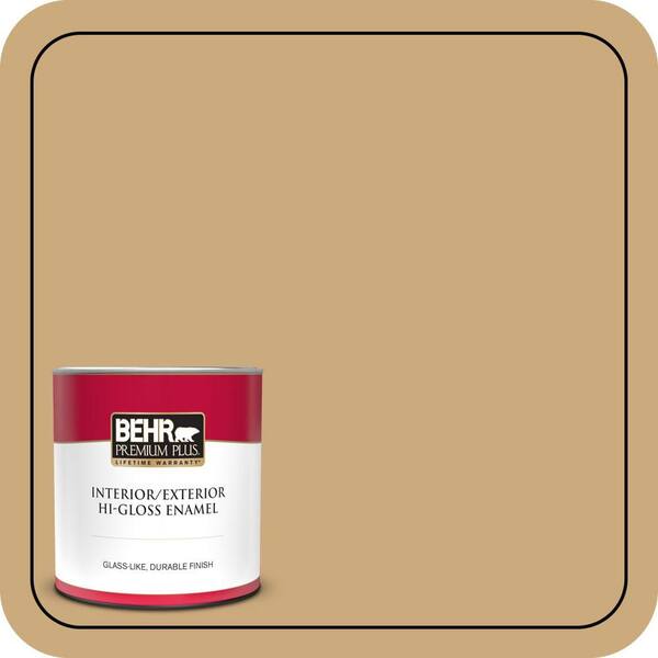 BEHR PREMIUM PLUS 1 qt. #S300-4 Flax Straw Hi-Gloss Enamel Interior/Exterior Paint & Primer