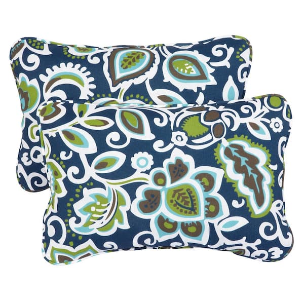 SORRA HOME Corded 13 in. x 20 in. Floral Navy Outdoor Lumbar Pillow Set (Set of 2)