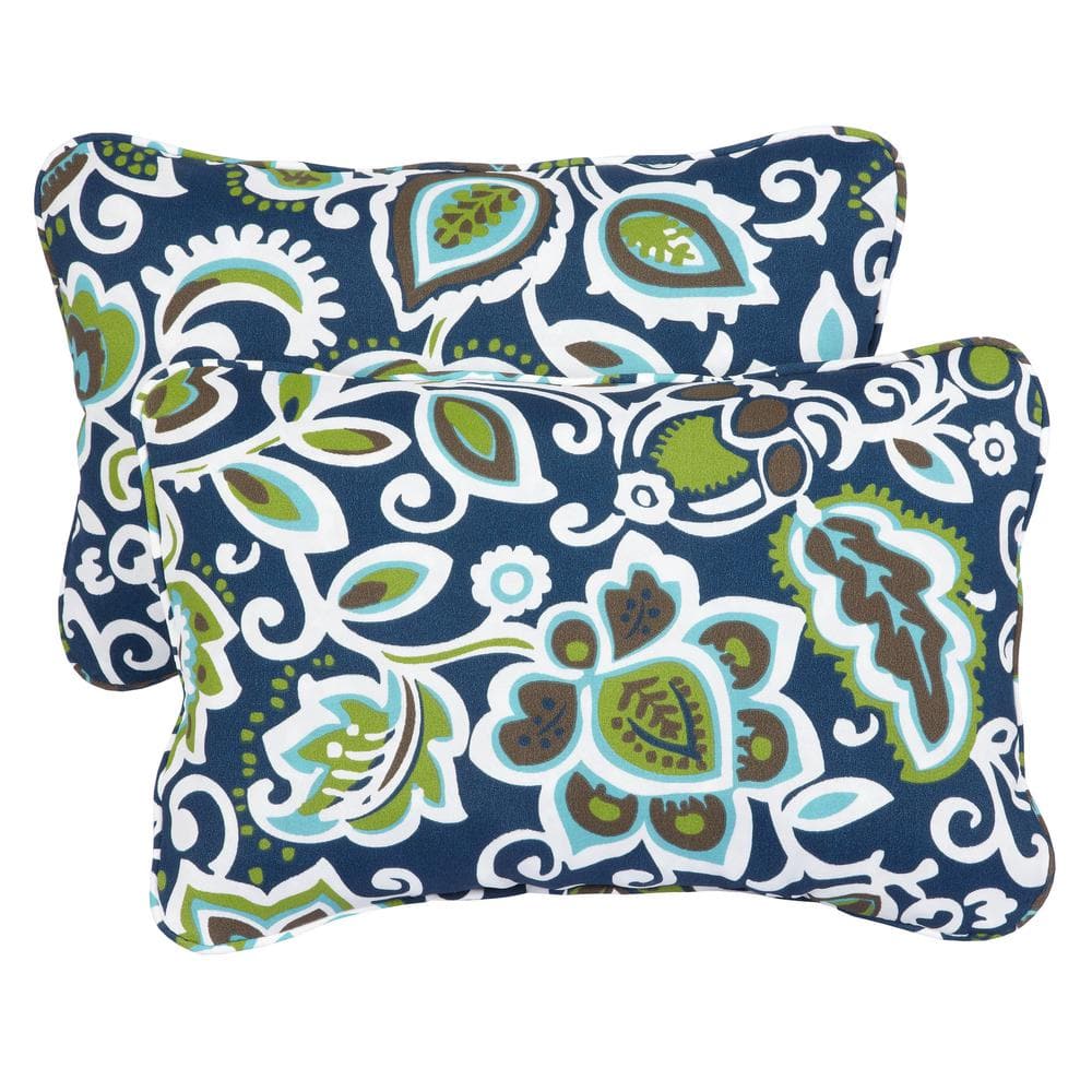 Sorro Home Corded 12 in. x 24 in. Floral Navy Outdoor Lumbar Pillow Set (Se