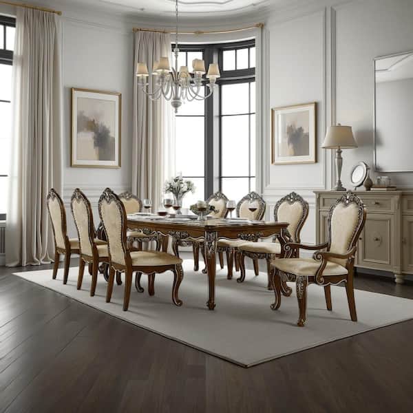 Benjara Maver Oak Brown and Silver Wood 44 in. 4 Legs Dining Table Seats 12