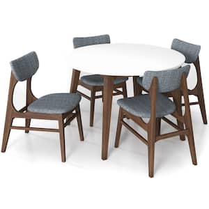 Jasmine 5-Piece Mid-Century Round White Top 43 in. Dining Set with 4 Fabric Dining Chairs in Gray
