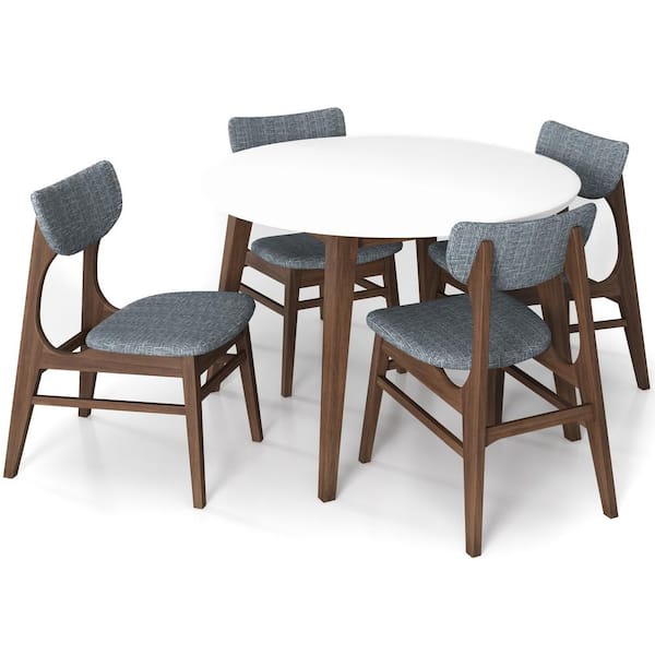 Ashcroft Furniture Co Jasmine 5-Piece Mid-Century Round White Top 43 in. Dining Set with 4 Fabric Dining Chairs in Gray