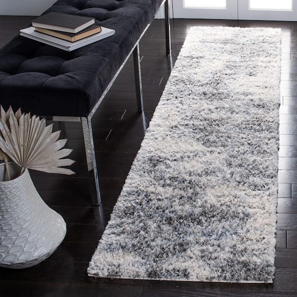 Berber Shag 2 ft. x 12 ft. Ivory/Gray Abstract Distressed Runner Rug