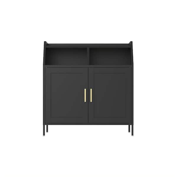 Black Steel 31.5 in. Kitchen Island with Doors Metal Buffet Sideboard