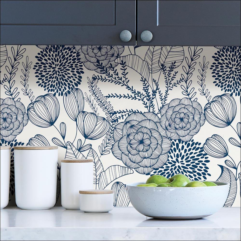 Navy Floral Garden Peel and Stick Wallpaper, Self-Adhesive Vinyl