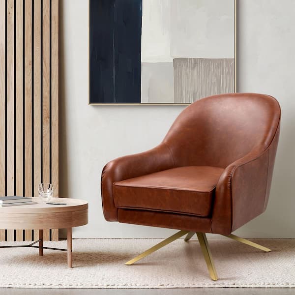 Pellebant Brown Faux Leather 360° Swivel Accent Chair with Metal Base and Cushion for Living Room, Home, Indoor