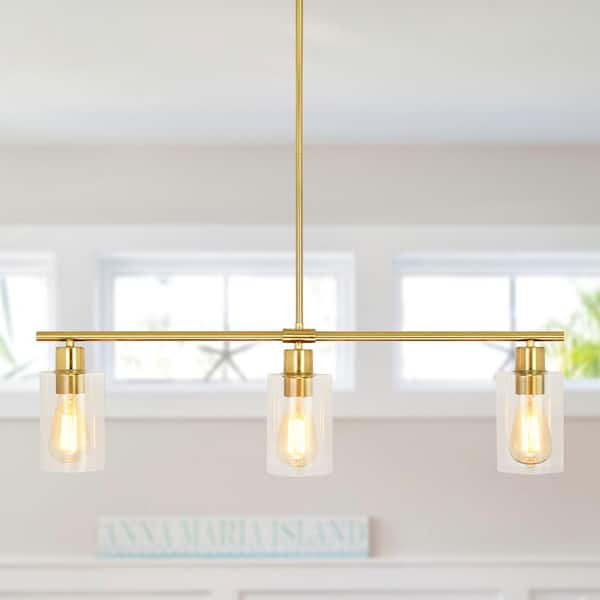 LWYTJO Delmis 3-Light Gold Pendant Kitchen Linearlsland Rustic Chandelier with Clear Glass Shades for Living Dining Room Foyer
