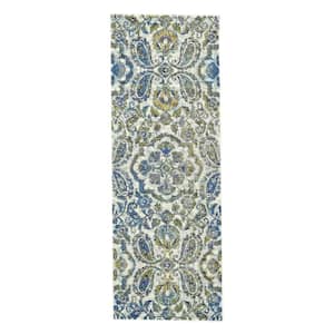 2 X 8 Ivory and Blue Floral Runner Rug