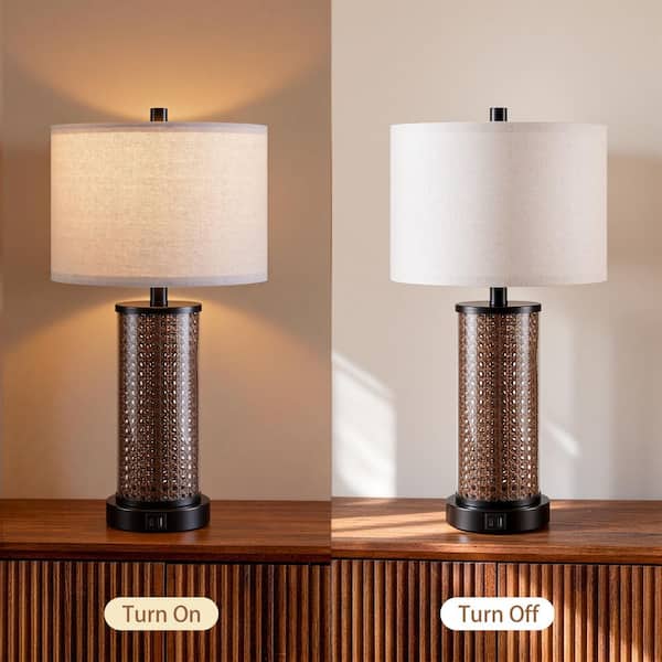 23.5 in. Bronze Rattan Table Lamp Set with Glass Outer Shade, USB Ports, AC Outlet and LED Bulbs (Set of 2)