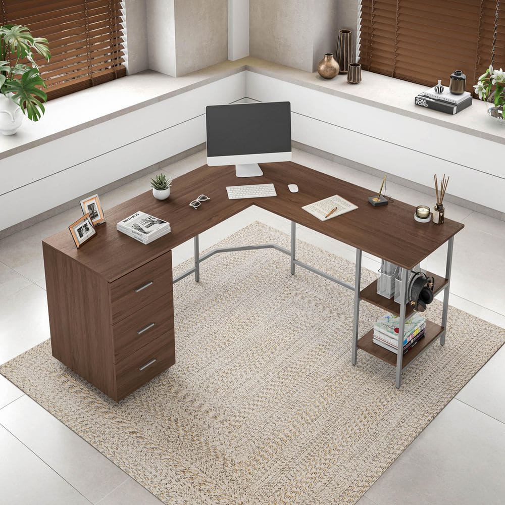 TECHNI MOBILI 59 in. W L-Shape Walnut Home Office 2-Tone Desk with