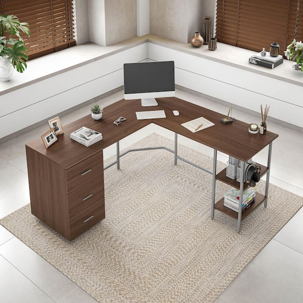 TECHNI MOBILI 59 in. W L-Shape Walnut Home Office 2-Tone Desk with ...