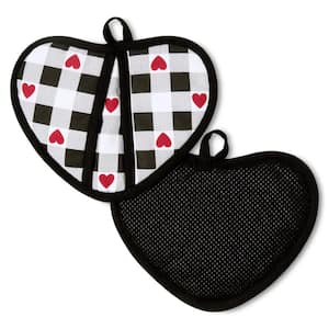 Love Check Gingham Heart Shaped Black/White/Red 7 in. x 8 in. Pot Holder Set (2-Pack)