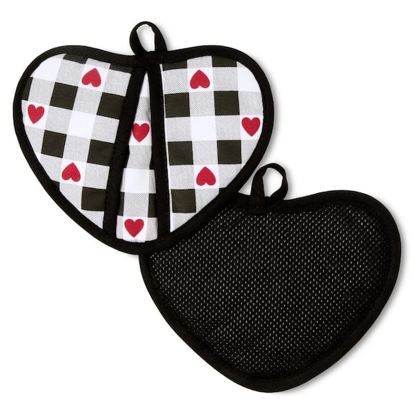 MARTHA STEWART Love Check Gingham Heart Shaped Black/White/Red 7 in. x 8 in. Pot Holder Set (2-Pack)