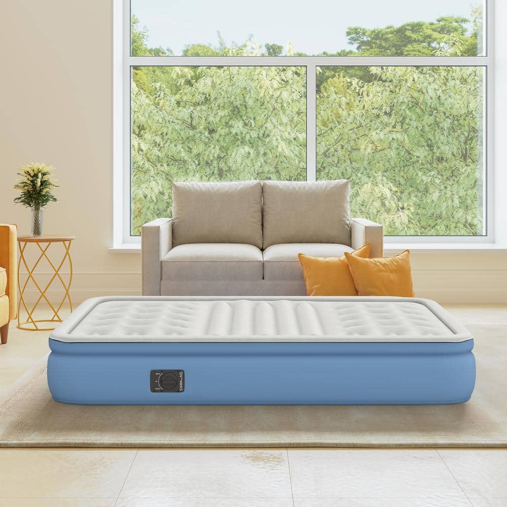 Queen White and Blue Raised Air Mattress with Built-in Pump