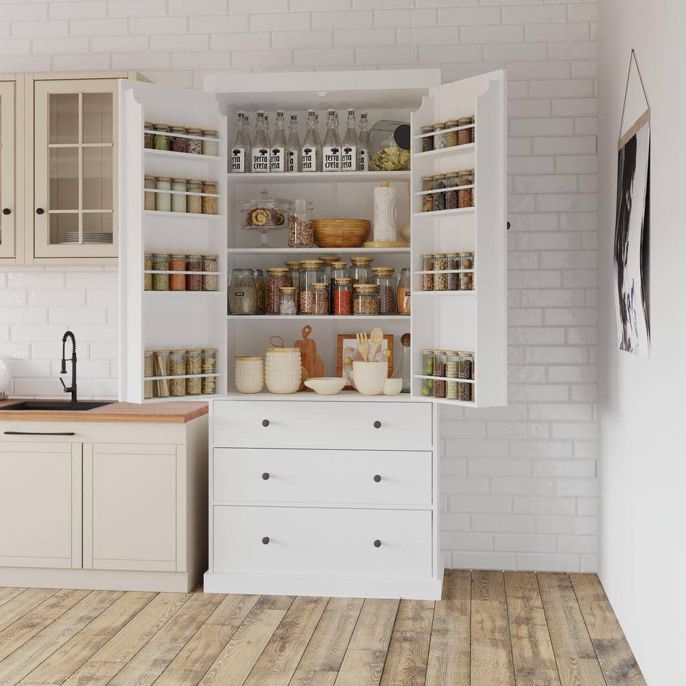 White Wood 35 in. W Pantry Cabinet Tall Cupboard Storage Cabinet with Adjustable Shelves and Drawer