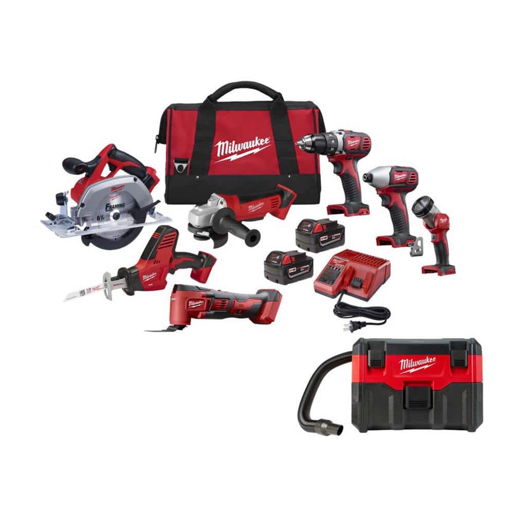 Milwaukee M18 18-Volt Lithium-Ion Cordless Tool Combo Kit with Two 3.0 Ah Batteries, Charger, Tool Bag and M18 2 Gal. Wet/Dry Vac -  2695-27S-0880