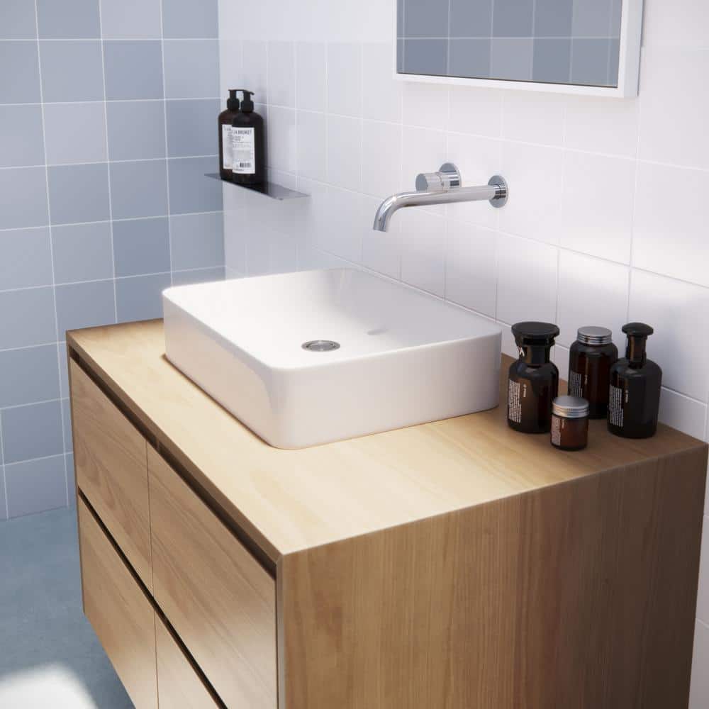 Glossy White Ceramic Rectangular Above-Counter Vessel Sink