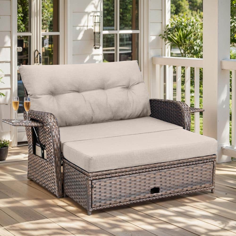 SleekArm Brown Wicker Outdoor Day Bed with Beige Cushions and Ottomans/Patio Loveseat with Adjustable Backrest price history on PriceWatchPro
