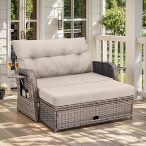 Brown Wicker Outdoor Day Bed with Beige Cushions and Matching Ottomans Multi-Functional Loveseat with Adjustable Back