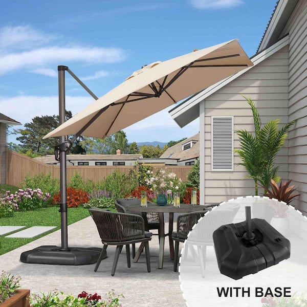 8 ft. Square Aluminum Outdoor Patio Cantilever Umbrella Offset 360° Rotation Umbrella with Base, Beige