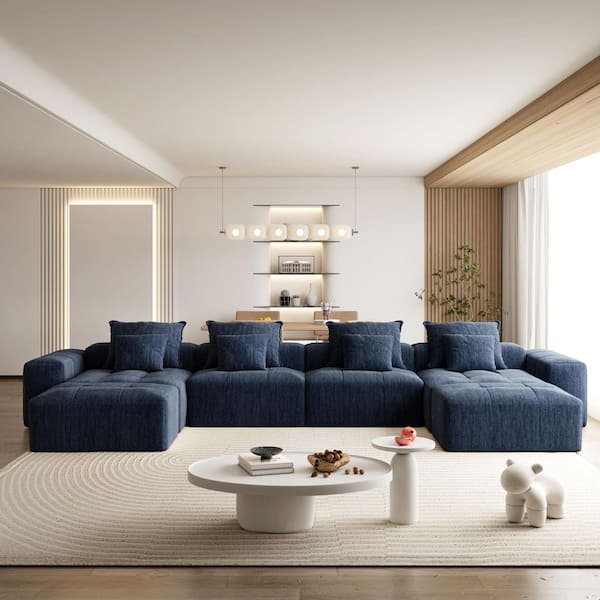 127.6 in Sparkling Chenille Fabric Oversized Modular Sectional Sofa with Pillows and Ottomans in. Blue