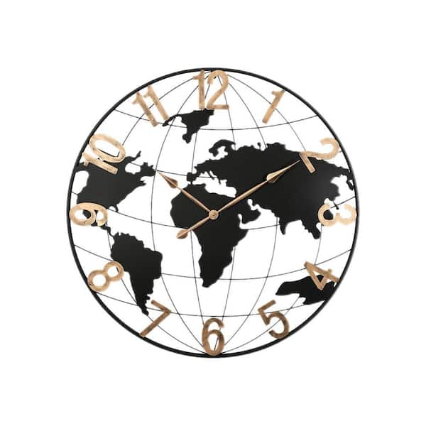 PRIMROSE CARNATION LLC 36 in. Large Black Round Wall Clock Modern Silent World Map Wall Clock with Vintage Gold Arabic Numeral, for Living Room