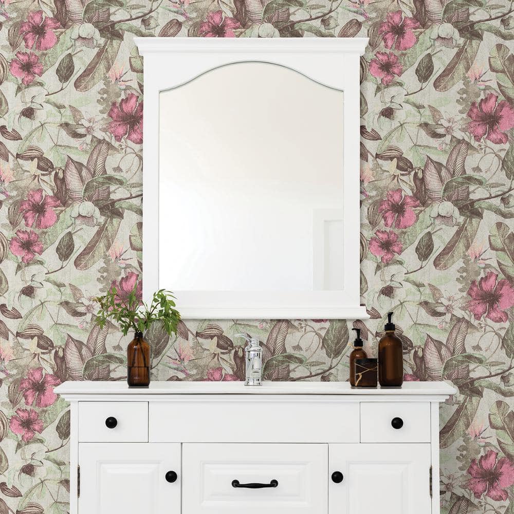 Romantic Vintage Floral Non-Woven Wallpaper in Pastel Pink and Green