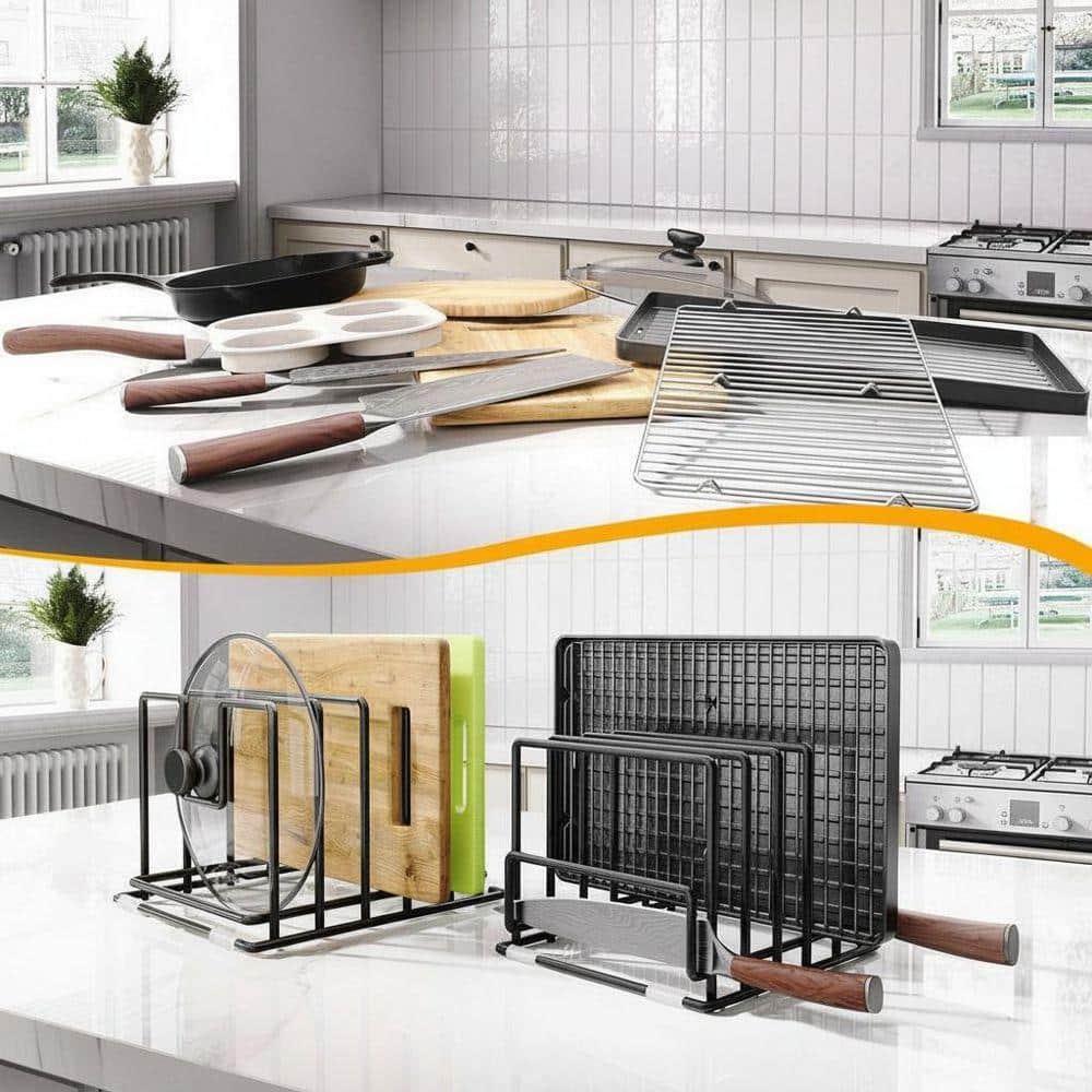 Black Iron 2 Pack Kitchen Organizer Set Cutting Board Rack and Pot Lid Holder with 7 & 5 Compartments Non-Slip