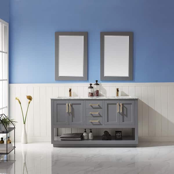 Remi 60 in. Double Bathroom Vanity Set in Gray and Carrara White Marble Countertop with Mirror