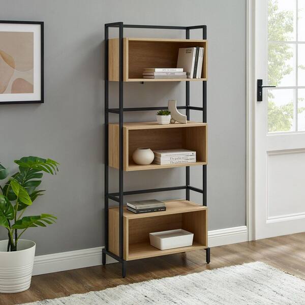 Tall Bookcase with Closed and Open Storage, Coastal Oak/Black