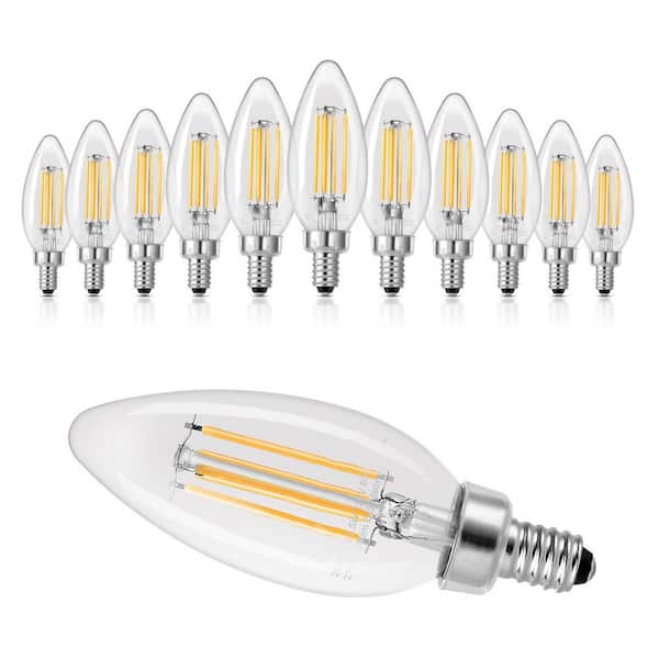 LED Candelabra Bulbs, 12-Pack Dimmable Chandelier Light Bulbs, Vintage Clear Glass Candle Light Bulb, 90+ High CRI