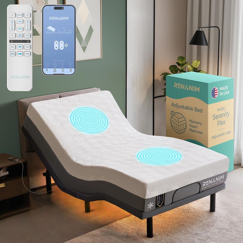 Renanim Gray Twin XL Adjustable Bed Frame with 14 in.Cooling Gel