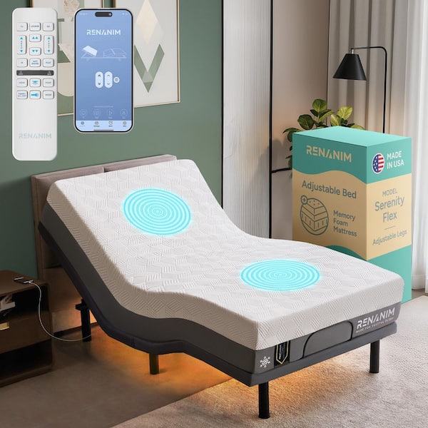 Gray Twin XL Adjustable Bed Frame with 14 in.Cooling Gel Memory Foam Mattress, Massage, USB, Under-Bed Light, Remote/App